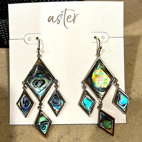 NWT ROCKSBOX Aster Cress Drop Large Dangle Earrings Gold Diamond Shaped Abalone - Picture 3 of 6